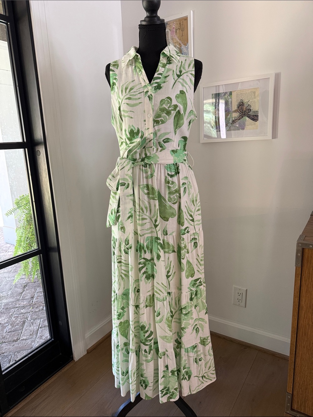 TCEC White Maxi Dress with Green Leaf Print